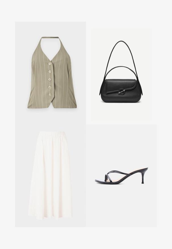 Halter-neck top i lys olivengrøn med lodrette hvide striber, fem knapper foran og en tætsiddende design med en flared kant.; Lang nederdel med elastisk talje i lys creme, flydende stof, A-line silhuet, uden mønstre eller udsmykninger, længde til midt på læggen.; Sort laklædersandal med hæl, tynde krydsede remme og en slank mellemhøj stilethæl på en hvid baggrund.; Sort læderhåndtaske med afrundede kanter, asymmetrisk klap, metalcirkulært spænde samt både korte og lange skulderstropper.