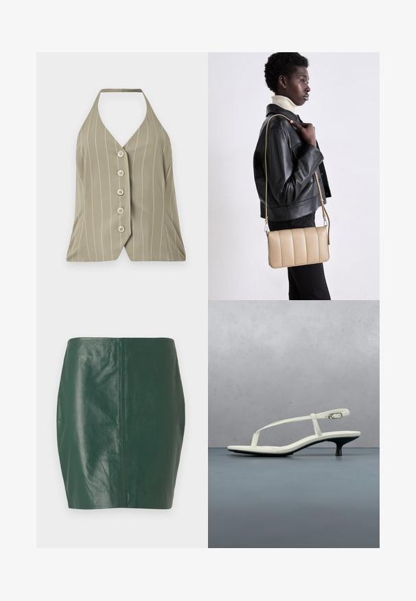 Halterneck top in licht olijfgroen, met verticale witte strepen, vijf knopen aan de voorkant en een aansluitend ontwerp met een uitlopende zoom.; Groene leren minirok met een gladde textuur en een getailleerde pasvorm. Heeft een naadloos ontwerp zonder zichtbare sluitingen of hardware.; Witte sandaal met smalle bandjes en kitten heel, met een spitse neus, zwevend boven een houten tegelvloer buiten, met op de achtergrond een wazige plant en muur.; Beige leren crossbody tas met een gequilt ontwerp, rechthoekige vorm, dunne schouderband en zilverkleurige hardware, gedragen door een persoon in een zwarte jas.
