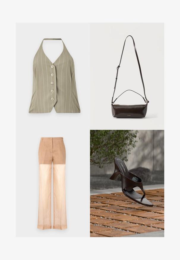 Halter top v svetlej olivovej zelenej farbe, s vertikálnymi bielymi pruhmi, piatimi gombíkmi na prednej strane a priliehavým strihom s rozšíreným lemom.; Béžové nohavice s polopriehľadnou dolnou časťou, široký strih; hladká textúra, tvarovaný pás a čistý lem.; Hnedá šľapka na podpätku značky Calvin Klein s remienkom, zavesená nad drevenou dlaždicou a štrkovým vonkajším povrchom s rozmazaným zeleným a kamenným pozadím.; Malá lesklá tmavohnedá kožená kabelka cez rameno s nastaviteľným remienkom, horným madlom a zlatým zipsom.