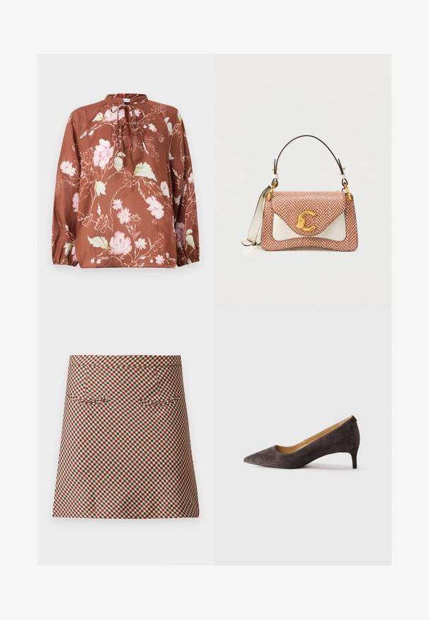 Brun blomstret bluse med høj halsudskæring, bindebånd og lange ærmer med elastiske manchetter. Stoffet har en blød, let tekstur.; Kort ternet nederdel med et skakmønster i rød, sort og creme. Den har en glat overflade og to forlommer.; Mørkebrun ruskind stiletto-pumps med spids tå og lav hæl, med en slank hæl og glat tan indvendig foring, vist i profil på en neutral baggrund.; Brun og hvidt mønstret læderhåndtaske med guldlås, topstrop og justerbar skulderrem på ensfarvet baggrund.