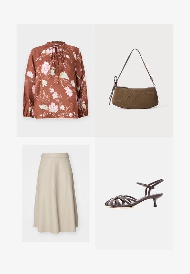 Brun blomstret bluse med høj halsudskæring, bindebånd og lange ærmer med elastiske manchetter. Stoffet har en blød, let tekstur.; Beige A-formet midi-nederdel med synlige sømvdetaljer og en tætsiddende talje, lavet af glat læderlignende materiale.; Mørkebrun læder sandal med smalle remme, kitten heel og justerbar ankelrem med spænde på hvid baggrund.; Brun ruskind skuldertaske med kort rem, lynlås og subtile buede syninger.