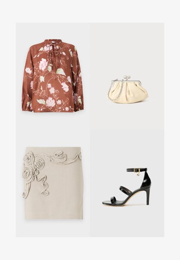 Brun blomstret bluse med høj halsudskæring, bindebånd og lange ærmer med elastiske manchetter. Stoffet har en blød, let tekstur.; Beige linnedragt med teksturerede, stof rosetapplikationer og snoet bånddetalje for et dimensionelt udseende. Glat finish.; Sorte patenterede lædersandaler med tre stropper, ankelspænde og 10 cm stiletthæl. Har detaljer i guld og et logo charms.; Plisseret beige læderclutch med en sølvmetalramme, der har to runde dekorative låse og en sølvkædetrasporte.