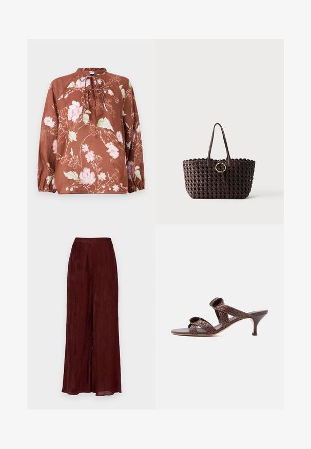 Blusa marrón con estampado floral, que presenta un cuello alto, cierre con lazo y mangas largas con puños elásticos. La tela tiene una textura suave y ligera.; Pantalones de pierna ancha en burdeos, fabricados en un tejido texturizado con plisados verticales. Presentan una cintura alta y un dobladillo que llega hasta el tobillo.; Sandalia deslizable de cuero trenzado marrón con dos correas y un tacón bajo tipo gatito sobre un fondo blanco liso.; Bolso tote tejido de color marrón oscuro con dos asas y un detalle de hebilla circular dorada en el centro sobre un fondo liso.