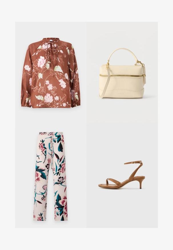 Brun blomstret bluse med høj halsudskæring, bindebånd og lange ærmer med elastiske manchetter. Stoffet har en blød, let tekstur.; Diane von Furstenberg DIANE PANT - Bukser - light pink; Brun læder sandal med stropper, lav kittenhæl og en ankelrem med en lille spænde, vist fra siden på en ensfarvet baggrund.; Lille cremefarvet læderhåndtaske med top håndtag, aftagelig skulderrem og guldlynlås foran.