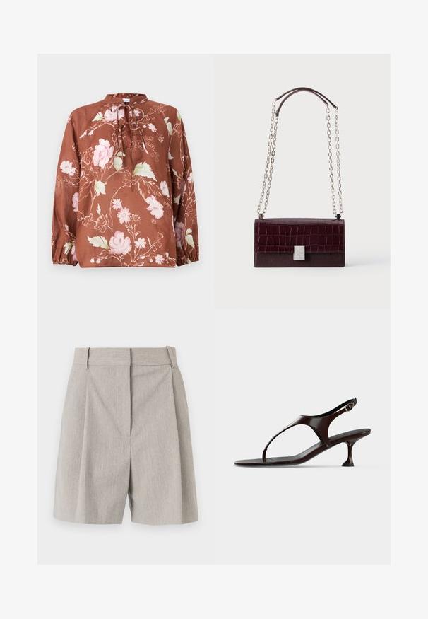 Brun blomstret bluse med høj halsudskæring, bindebånd og lange ærmer med elastiske manchetter. Stoffet har en blød, let tekstur.; By Malene Birger POVILLE - Shorts - grey brown; Mørkebrun laklædersandal med rem bagpå, lille hæl og tårem på hvid baggrund.; Mørk bordeaux rektangulær håndtaske med krokodilletekstur flap, sølv rektangulært spænde og dobbelte sølv kæderem med læder skulderstropper.
