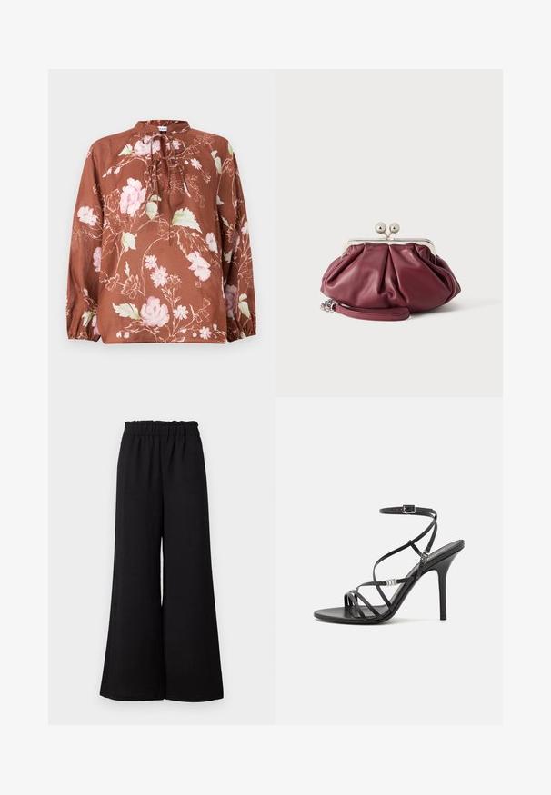 Brun blomstret bluse med høj halsudskæring, bindebånd og lange ærmer med elastiske manchetter. Stoffet har en blød, let tekstur.; Sorte vidde bukser med elastisk talje, lavet af tekstureret stof, med en loose fit og lige kanter.; Sort højhælet sandal med tynde stropper, en ankelspænde, en glat læderoverflade og en slank stilethæl.; Lille bordeaux rød læder clutch-pung med sølv metal lukning og håndledsrem på hvid baggrund.