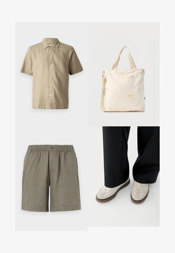 Kortærmet skjorte i lys beige, tekstureret stof. Har en knaplukning foran, spids krave og seks knapper langs knaplappen.; Khaki shorts i letvægtsstof med elastisk talje og knaplukning. Har et lige ben design og optrukket kant.; Fødder iført beige sneakers med brune såler og sorte bukser med vide ben på hvid baggrund.; Kremfarvet lærredstote-taske med frontlomme, to håndtag, justerbar skulderrem og lille gul "O.N.S" tekst i nederste højre hjørne af lommen.