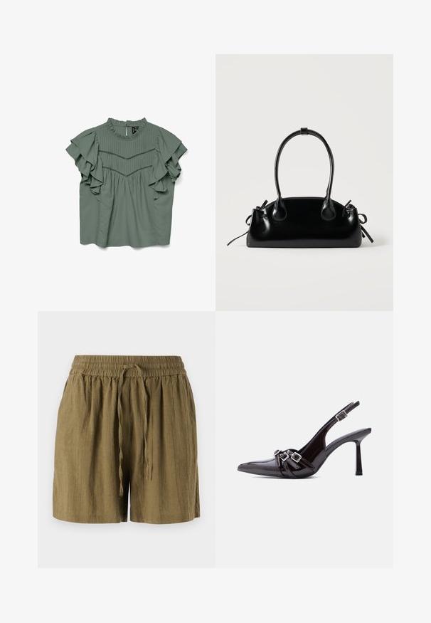 Blouse verte à manches courtes avec des manches volantes, un design plissé et un col rond. Tissu doux avec une coupe décontractée.; Shorts pull-on verts olive en tissu léger, dotés d'une taille élastique et d'un cordon de serrage, avec une coupe décontractée et ample.; Chaussure à talon haut slingback en cuir verni noir, bout pointu, avec trois brides décoratives bouclées sur le dessus.; Petit sac à main noir brillant avec deux longues anses et des détails à cordon sur les côtés sur un fond clair uni.