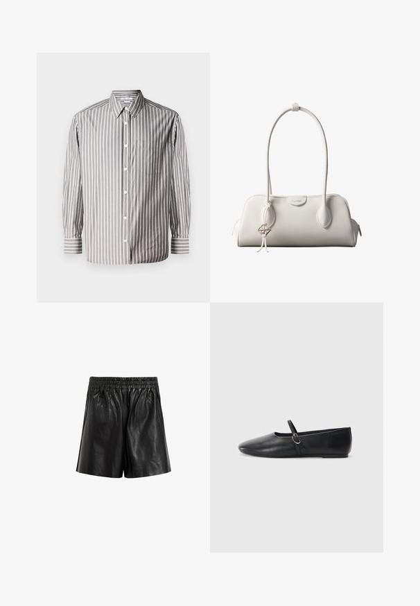 Chemise à rayures gris et blanc. Elle possède un col, des manches longues et une poche poitrine. Fabriquée en tissu léger.; Shorts en cuir noir avec une taille élastique, présentant une texture lisse, des jambes larges et sans poches ni embellissements visibles.; Ballerines noires en cuir avec un bout pointu, une semelle plate et une petite sangle avec un détail de boucle en argent.; Sac à bandoulière blanc Calvin Klein avec longues poignées, forme rectangulaire, fermeture éclair et charm logo décoratif suspendu près de la poignée.