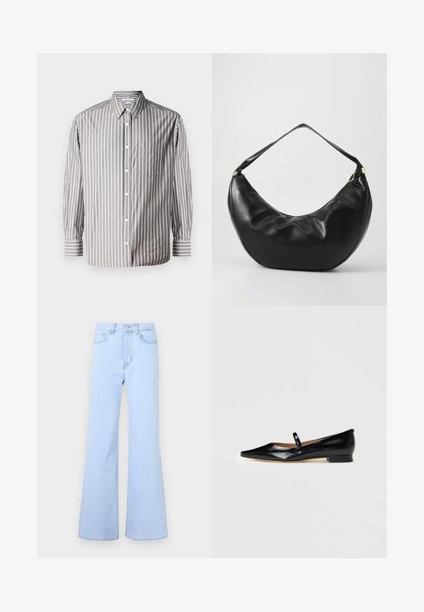Stribet skjorte i grå og hvid. Har krave, lange ærmer og en enkelt brystlomme. Lavet af letvægtsstof.; Lyseblå flagrende jeans med høj talje, der har fem lommer, knaplukning og en glat denimstruktur. Kanten er pænt syet.; Sorte patenterede læder Mary Jane flade sko med spids tå, én rem og lav hæl på ensfarvet baggrund.; Sort læder skuldertaske med en buet form, blød tekstur og en enkelt rem; har en guldbeslået lynlås og diskret branding.