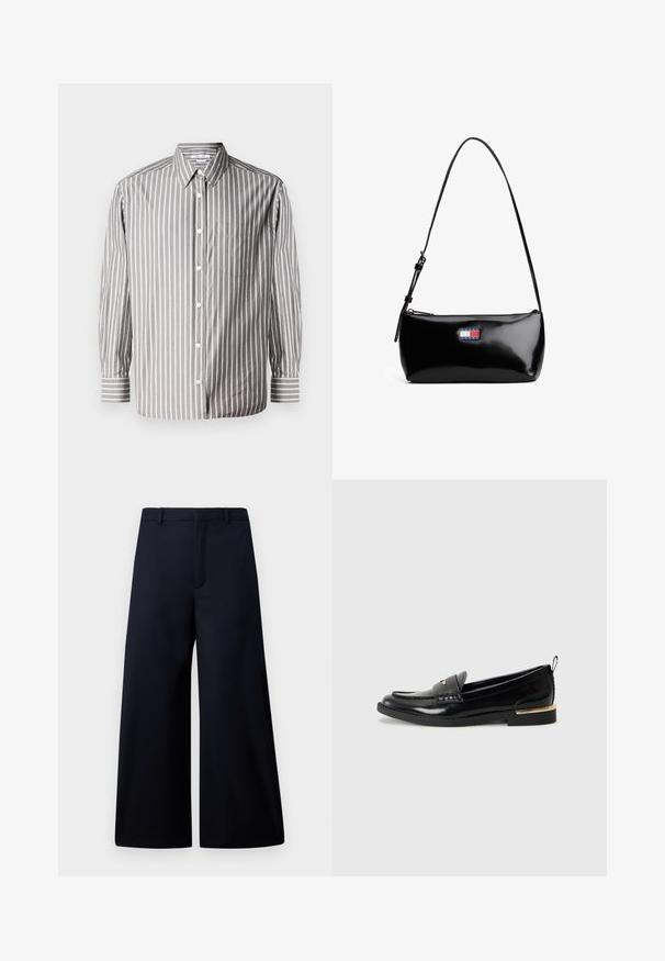 Camisa de botones a rayas en gris y blanco. Presenta un collar, mangas largas y un único bolsillo en el pecho. Fabricada con tela ligera.; Pantalones de pierna ancha en azul marino oscuro, hechos de una tela suave. Presentan una cinturilla plana, pliegue frontal y sin herrajes o patrones visibles.; Mocasines de charol negro con punta redonda, una correa decorativa y un acento dorado en el talón. Textura suave con detalles cosidos.; Bolso de hombro de charol negro con una correa curva, cierre de cremallera y un parche de logo rectangular en rojo, blanco y azul.