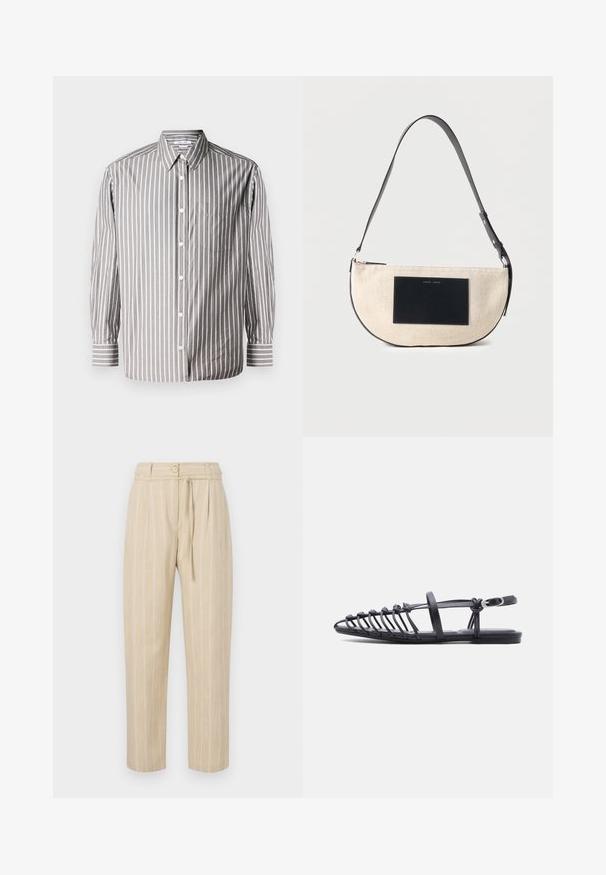Chemise à rayures gris et blanc. Elle possède un col, des manches longues et une poche poitrine. Fabriquée en tissu léger.; Pantalon beige à rayures avec une coupe décontractée, présentant une taille cintrée, une fermeture à bouton et une ceinture à nouer, fabriqué à partir d'un tissu léger.; Sandale plate noire avec plusieurs fines lanières, bride à boucle à la cheville et design cage à bout ouvert sur fond blanc.; Sac à épaule beige en forme de demi-lune avec une sangle noire réglable et un patch rectangulaire noir à l'avant.