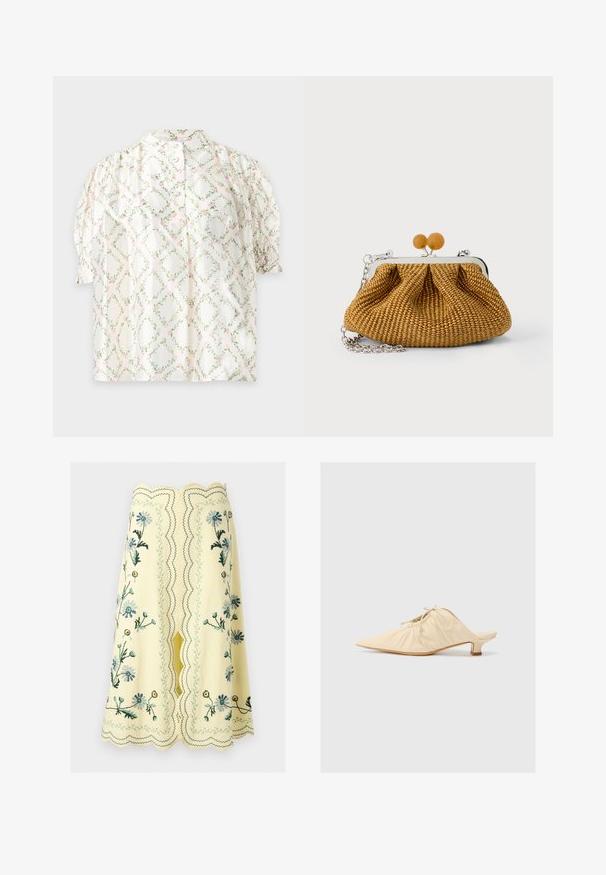 Blusa blanca de manga corta con un patrón de rombos con hojas verdes y flores rosas, mangas abullonadas y cierre de botones en la parte delantera.; Falda amarilla hasta la rodilla con bordes ondulados y bordados florales en azul, verde y amarillo, con una abertura central y costuras decorativas.; Zapato de piel color crema tipo slip-on con puntera afilada, detalles fruncidos en la parte delantera y un tacón corto y cuadrado.; Pequeño bolso de mano tejido marrón con marco metálico plateado, dos cierres redondos de madera y una correa corta de cadena plateada sobre un fondo blanco.