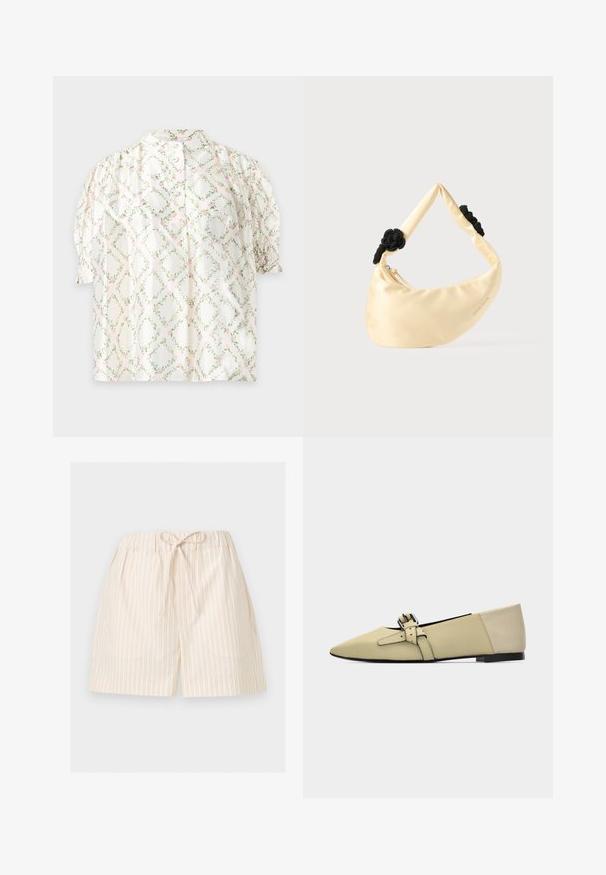 Blouse blanche à manches courtes avec un motif losange de feuilles vertes et fleurs roses, manches ballons et boutonnage devant.; Short beige clair à fines rayures verticales et taille élastique nouée devant en un nœud, présenté sur fond blanc.; Chaussure plate beige à bout pointu avec bride à double boucle et petit talon noir, vue de profil sur fond blanc uni.; Sac épaule en satin couleur crème avec deux nœuds tressés noirs sur la sangle et une fermeture éclair visible.