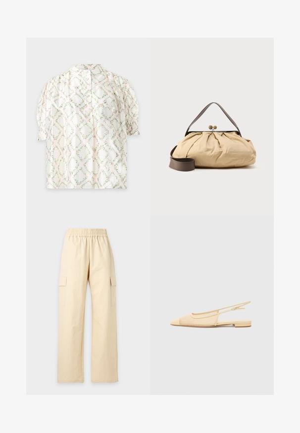 Blouse blanche à manches courtes avec un motif losange de feuilles vertes et fleurs roses, manches ballons et boutonnage devant.; Pantalon beige à jambes larges avec ceinture élastique et poches cargo latérales, présenté sur un fond clair uni.; Chaussure plate slingback en beige clair avec une tige en maille, un bout pointu et un petit talon. Dotée d'une sangle ajustable pour un bon maintien.; Sac en tissu beige avec un design froncé, poignée en cuir marron et deux fermetures métalliques rondes en haut. Sangle marron réglable incluse.