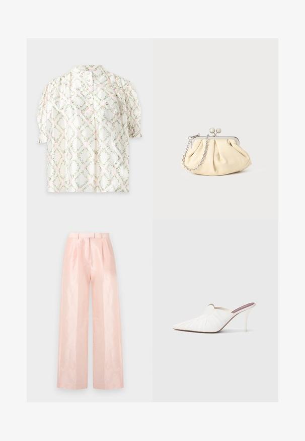 Blouse blanche à manches courtes avec un motif losange de feuilles vertes et fleurs roses, manches ballons et boutonnage devant.; Pantalons à taille haute ample de couleur rose clair, présentant une texture lisse et brillante, des plis à l'avant et une ceinture assortie.; Mules blanches à bout pointu, texture plissée sur le dessus, et talon stiletto fin. Surface lisse et design minimaliste.; Pochette en cuir beige plissé avec un cadre en métal argenté, dotée de deux fermoirs ronds décoratifs et d'une chaîne en argent.