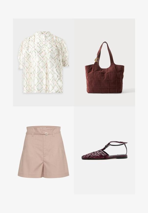 Blusa blanca de manga corta con un patrón de rombos con hojas verdes y flores rosas, mangas abullonadas y cierre de botones en la parte delantera.; Pantalones cortos ajustados de color rosa claro, hechos de una tela texturizada, con una cinturilla ancha, pasadores para cinturón y un detalle de hebilla plateada.; Sandalia plana burdeos con diseño de cuero trenzado, puntera puntiaguda y tira en el tobillo con cierre de hebilla sobre fondo blanco.; Bolso tote de ante marrón con costuras en cuadrícula, asas anchas y un pequeño colgante con logo en tono dorado en una de las correas.