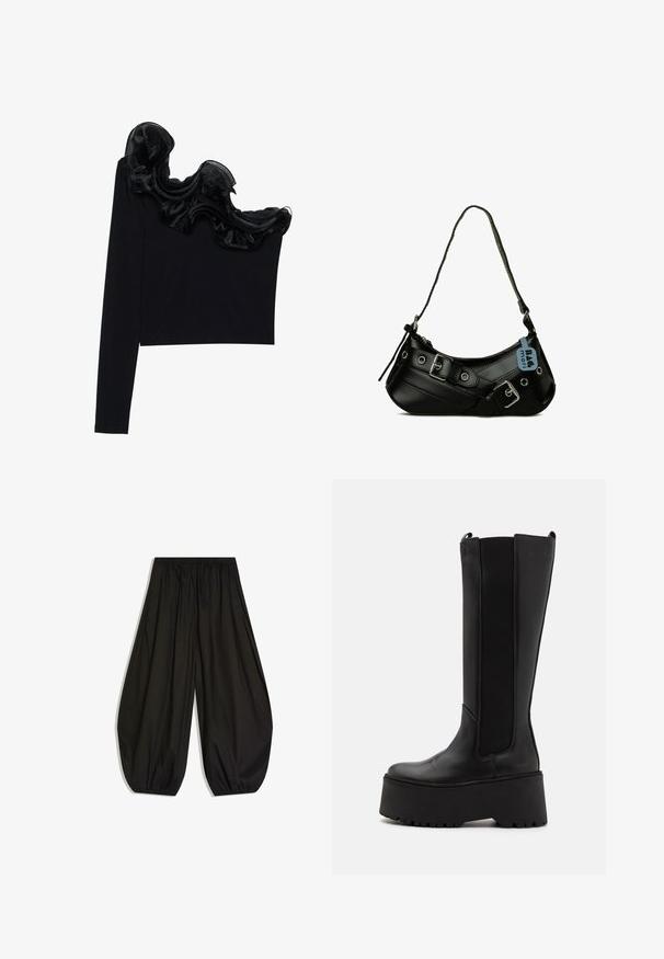 Schwarzes Top mit einem Schulterträger, das mit einem rüschenartigen, transparenten Überzug entlang des Ausschnitts versehen ist, aus leichtem Material mit glatter Textur gefertigt.; Locker sitzende schwarze Hose mit gerafftem elastischem Bund und elastischen Bündchen, die eine ballonartige Silhouette erzeugt.; Schwarze knielange Stiefel mit glattem Lederoberteil, elastischen Seitenpaneelen und einer dicken Plateausohle mit rutschfester Unterseite.; Schwarze synthetische Handtasche mit geschwungener Form, verstellbarem Riemen und dekorativen Metall-Schnallen. Besitzt eine glatte, glänzende Textur.