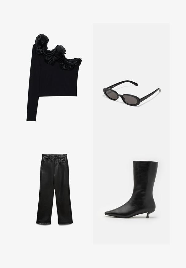 Top negro de un solo hombro con un volante de gasa transparente en el escote, hecho de un tejido ligero con una textura suave.; Pantalones de pierna ancha de cuero sintético negro con bolsillos frontales, trabillas para cinturón y un brillo sutil. Textura suave y ajuste entallado.; Botín de cuero negro hasta el tobillo con puntera afilada, silueta ajustada y tacón cónico bajo. Textura lisa, diseño minimalista.; Even&Odd Gafas de sol - black