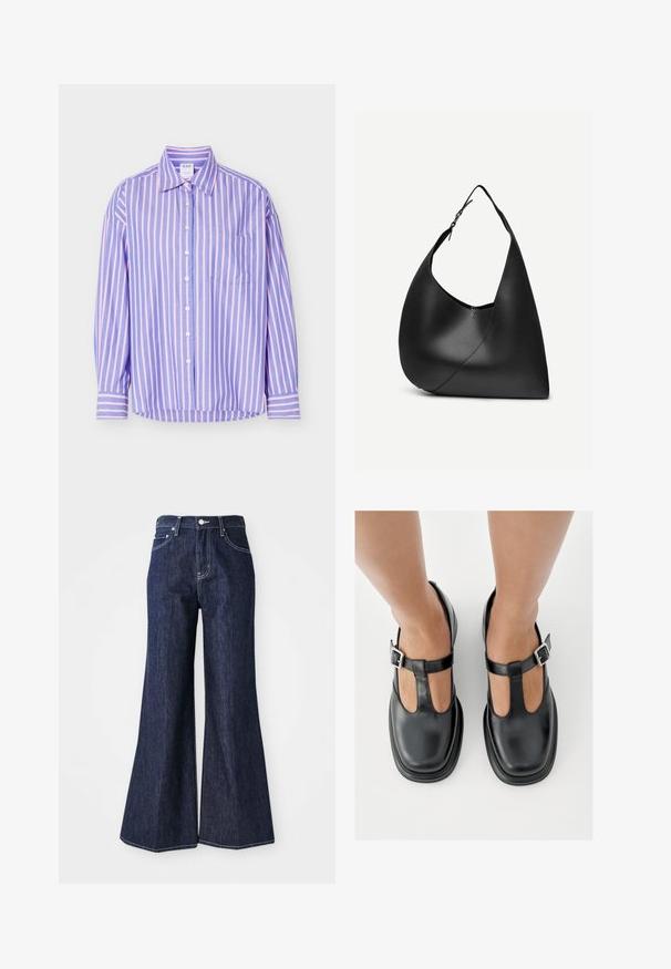 Langärmliges Hemd zum Zumachen mit blauen und pinkfarbenen vertikalen Streifen und einer Brusttasche, flach auf weißem Hintergrund präsentiert.; Dunkelblaue ausgestellte Jeans mit hoher Taille, die eine Knopf- und Reißverschlussöffnung haben. Weiße Nähte und weite Beine schaffen eine strukturierte Silhouette.; Schwarze Lederschuhe mit T-Riemen-Design, geschlossenem Zehenbereich und silbernen Schnallenakzenten. Glatte Textur mit rundem Zehenbereich und flacher Sohle.; Schwarze Leder-Schultertasche mit geschwungener dreieckiger Form, einem verstellbaren Einzelriemen und sichtbarer diagonaler Naht auf der Vorderseite.