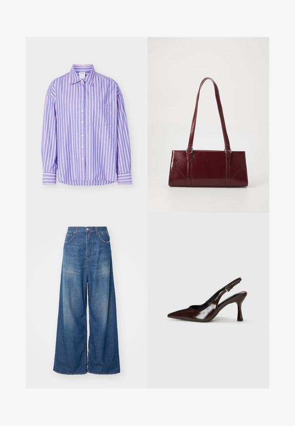 Chemise à manches longues boutonnée avec des rayures verticales bleues et roses et une poche poitrine, présentée à plat sur fond blanc.; Jeans en denim bleu à taille haute avec jambes larges, dotés de poches avant, d'une fermeture à bouton et de détails de décoloration pour un aspect usé.; Talons slingback en cuir verni brun avec un bout pointu, un talon fin, et une sangle réglable avec une petite boucle.; Sac à main bordeaux en matériau brillant, de forme rectangulaire, avec deux anses et des accents légèrement courbés à l'avant.