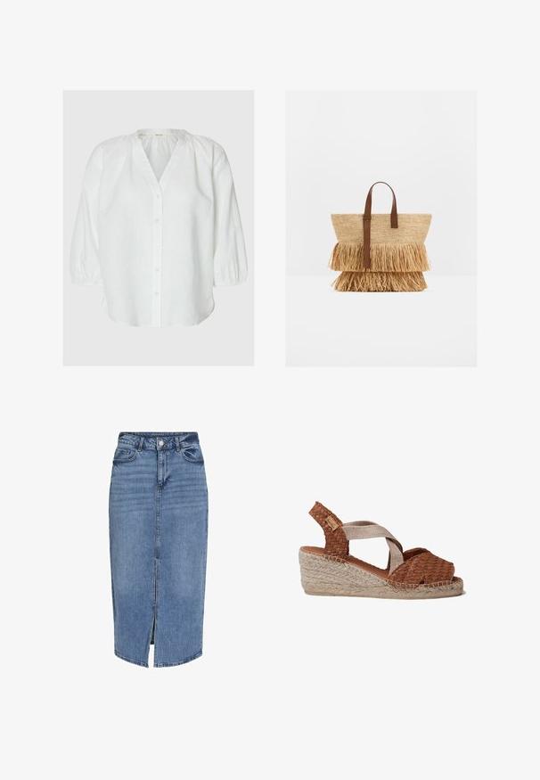 Valge pikkade varrukatega pluus, millel on nööpidega eest kinnitatav sulgur, kogutud kaelus ja elastsed varrukaotsad, eksponeeritud neutraalsel taustal.; Heledsinine denim midi seelik, millel on ees lõhik, viis taskut, püksivööloop ning nööpidega kinnitamine vööl. Klassikaline lõige ja tekstuur.; Tume põimitud nahast platvormsandaalid naturaalsest jute kesksoonega ja helepruuni kangast risttugedega. Avatud varvastega disain tekstuursete aktsentidega.; Kootud cedoost kott, millel on kaks kihti cedoimesega ääristust ja pruunid nahast sangad, seisab valgel pinnal püsti.
