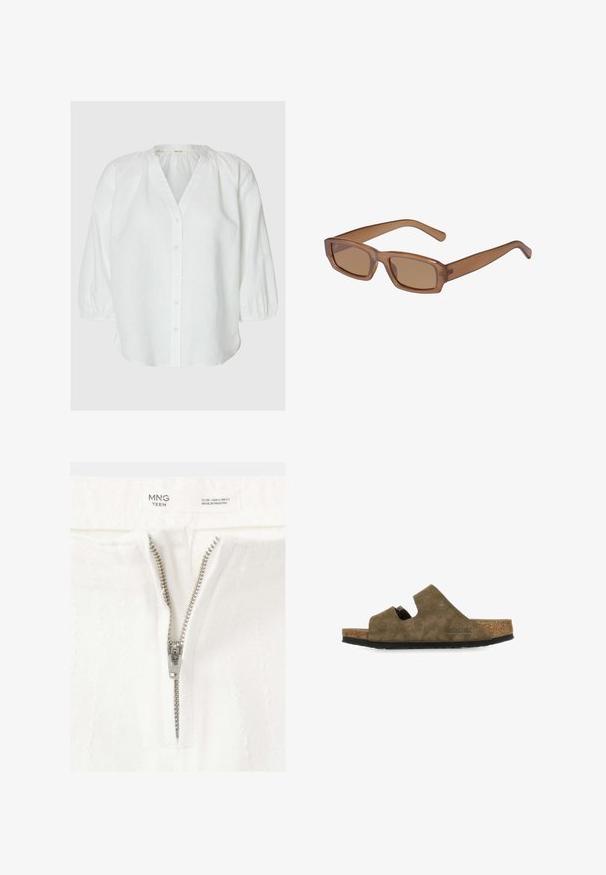 Blusa blanca de manga larga con botones en la parte delantera, escote fruncido y puños elásticos, exhibida sobre un fondo neutro.; Primer plano de una prenda blanca con una cremallera plateada parcialmente abierta y una etiqueta que muestra la talla EU 38, USA 4, fabricada en Pakistán.; Sandalia tipo slip-on de ante marrón con plantilla de corcho, presenta un diseño con recortes y suela de goma negra texturizada. Logo de la marca visible en el lateral.; Gafas de sol rectangulares marrones con montura transparente, patillas delgadas y lentes tintados, con una textura suave y un diseño moderno.
