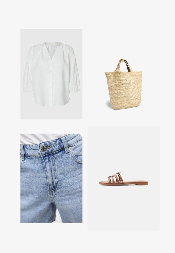 Blusa blanca de manga larga con botones en la parte delantera, escote fruncido y puños elásticos, exhibida sobre un fondo neutro.; Pantalones cortos de denim azul claro con cintura alta, costuras visibles, dos bolsillos delanteros y cierre de botón de metal. Textura suave.; Sandalia plana marrón con cuatro tiras delgadas, una de ellas con un detalle decorativo en forma de lazo, mostrada de perfil sobre un fondo blanco.; Bolso de mano de paja tejida con asas cortas, color beige natural, de pie sobre un fondo blanco.