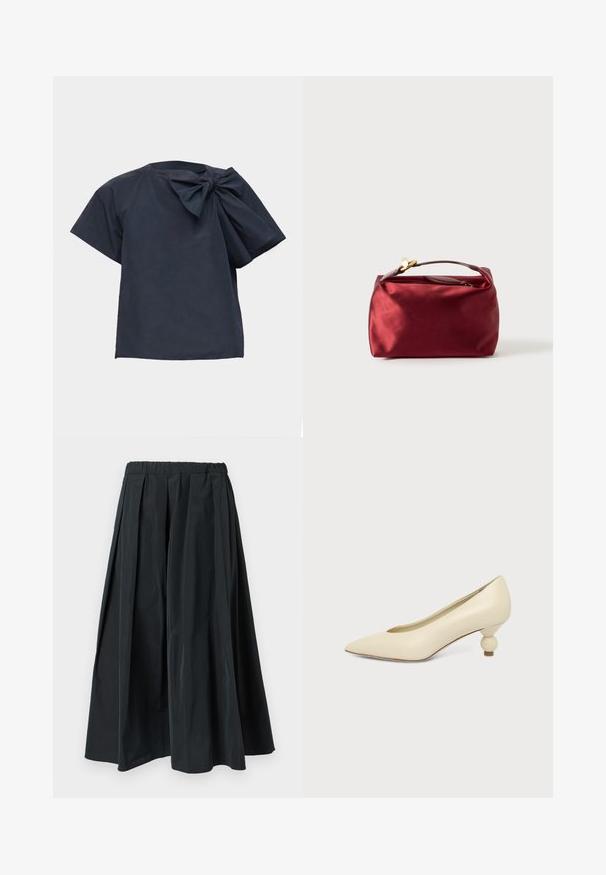 Blouse bleu marine foncé à manches courtes avec un grand nœud en tissu sur l'épaule gauche, sur un fond uni clair.; Pantalon noir à jambes larges plissé avec une ceinture élastique, fabriqué en tissu léger, suspendu sur un fond blanc uni.; Chaussure femme couleur crème à bout pointu avec un petit talon rond en forme de boule, sur fond uni.; Trousse de maquillage en satin bourgogne de forme rectangulaire, avec fermeture éclair et une poignée courte. Présente un design minimaliste et une texture lisse.