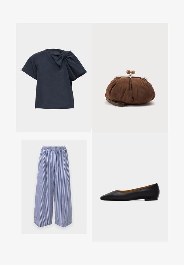 Blouse bleu marine foncé à manches courtes avec un grand nœud en tissu sur l'épaule gauche, sur un fond uni clair.; Pantalon court à jambes larges rayé verticalement bleu et blanc, taille élastique et coupe ample.; Chaussure plate en cuir noir à bout pointu avec talon bas et finition lisse, vue de côté sur un fond gris clair.; Petit sac poignet en daim marron doux avec cadre en métal argenté et boules rondes marron de fermeture sur fond clair uni.