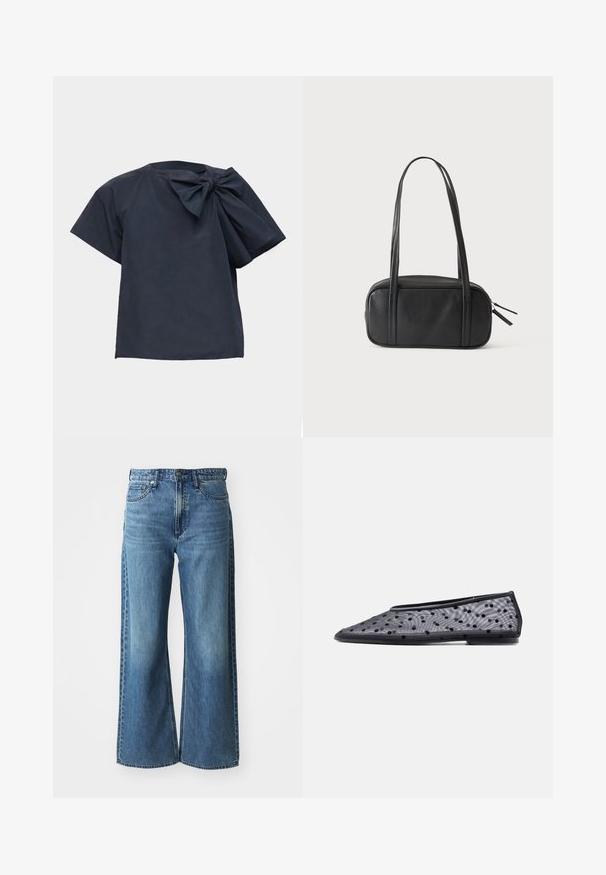 Blouse bleu marine foncé à manches courtes avec un grand nœud en tissu sur l'épaule gauche, sur un fond uni clair.; Jean en denim bleu à jambes larges avec une taille mi-haute, cinq poches et un léger dégradé. Caractéristiques : passants de ceinture et détails cousus.; Chaussure plate noire à bout pointu, en tissu transparent avec un motif à pois noirs sur un fond clair.; Sac à bandoulière rectangulaire noir avec deux longues poignées et une double fermeture éclair sur le côté droit, sur un fond clair uni.