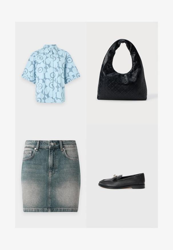 Lyseblå kortærmet skjorte med knapper og stort mørkeblåt blomsterprint samt spidst krave på hvid baggrund.; Blå denim mini nederdel med frontknap og lynlås, to forlommer og falmede detaljer på lårene.; Sort læder loafersko med en struktureret overflade, rund tå og en dekorativ metalaccent på vampsiden. Lav profil sål.; Sort læder håndtaske med en struktureret, rund form, der har et stort halvmåneudskåret håndtag og et struktureret diamantmønster.