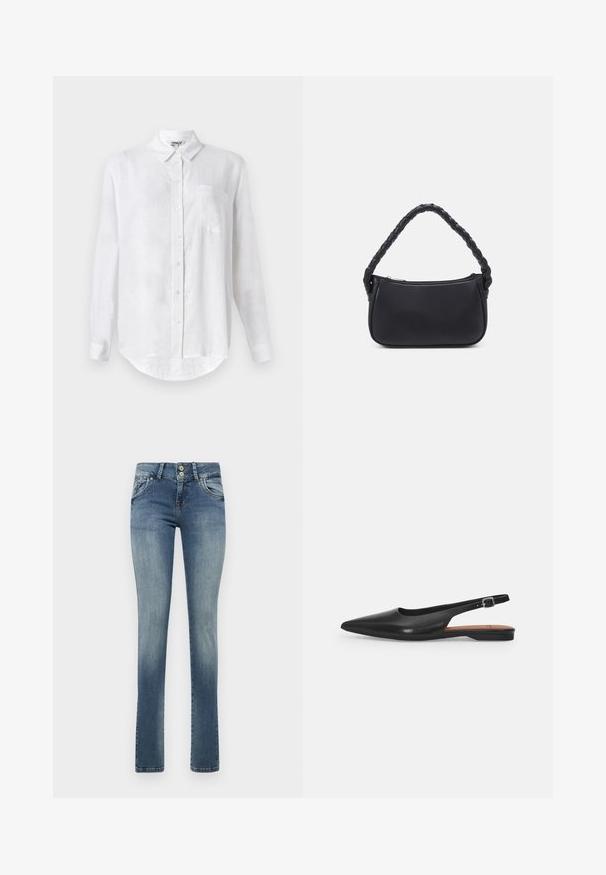 Hvid langærmet skjorte lavet af hør med button-down krave, enkelt brystlomme og afrundet nederste kant. Har standard frontlukning med knapper.; Lysblå denim jeans med lige ben-design, to forlommer, en falmet finish og en lille slidse detalje på højre lår.; Sorte læder slingback sko med spidse tæer, subtil glans og justerbar ankelrem. Flad hæl med en brun indersål.; Sort håndtaske med en rund form, lavet af glat materiale. Har et flet håndtag og en lynlåslukning for sikker opbevaring.