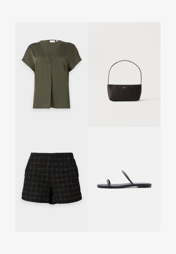 Tumeoliivroheline lühikeste varrukatega blousee V-kaelusega ja ees oleva voldiga. Sile kangas, millel on vabalt langev lõige ja minimaalne õmblusdetail.; Mustad tweed lühikesed püksid tekstuuriga pinnaga, millel on kuldsete niitidega ruuduline muster, kohandatud lõige ja keskmise kõrgusega vöökohaga.; Mustad lameda tallaga sandaal, millel on õhuke tikandiga tallapõhi ja kaks kitsast paela varvaste ja keskjala kohal, kujutatud külgprofiilis valgel taustal.; Mustast hõlmikust kootud tekstuuriga käekott ühe õlarihmaga ning väikese kuldse "BOSS" logoga ees keskel.