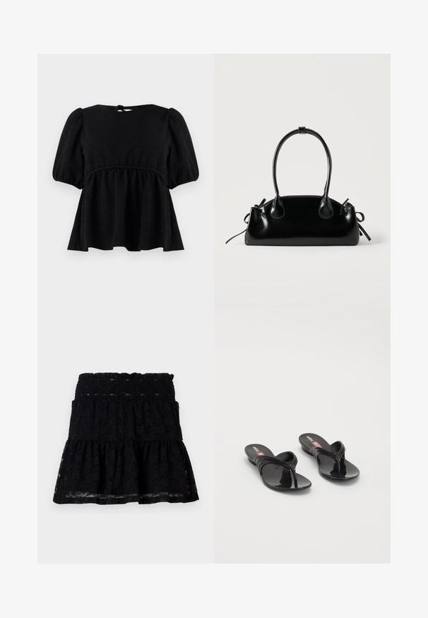 Zwarte blouse met korte mouwen en een gestructureerde afwerking, ronde halslijn, elastische taille en strikdetail op de rug. Uitlopende silhoutte.; Zwarte kanten rok met een elastische tailleband. Heeft een uitlopende, gelaagde stijl en een doorschijnende textuur, wat een gelaagde uitstraling creëert.; Melissa QUANTUM THONG X DIESEL - Teensandalen - black; Kleine zwarte glanzende handtas met twee lange hengsels en zijkant trekkoord details op een effen lichte achtergrond.