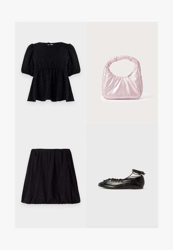 Schwarze Bluse mit kurzen Ärmeln, texturierter Oberfläche, Rundhalsausschnitt, elastischem Taillenbund und Rückenschnürung. Ausgestellte Silhouette.; Schwarzer, geraffter Rock aus weichem Stoff, mit einem elastischen Taillenbund und einer voluminösen Silhouette. Keine sichtbaren Muster oder Akzente.; Schwarze Ballerinas aus Lackleder mit runder Spitze, Schnürdesign und flacher Sohle. Glatte Textur mit minimaler Verzierung.; Rosa, gepolsterte Handtasche mit abgerundeter Form, aus glänzendem Material gefertigt. Verfügt über einen gerafften Griff und einen Reißverschluss für sicheren Zugang.
