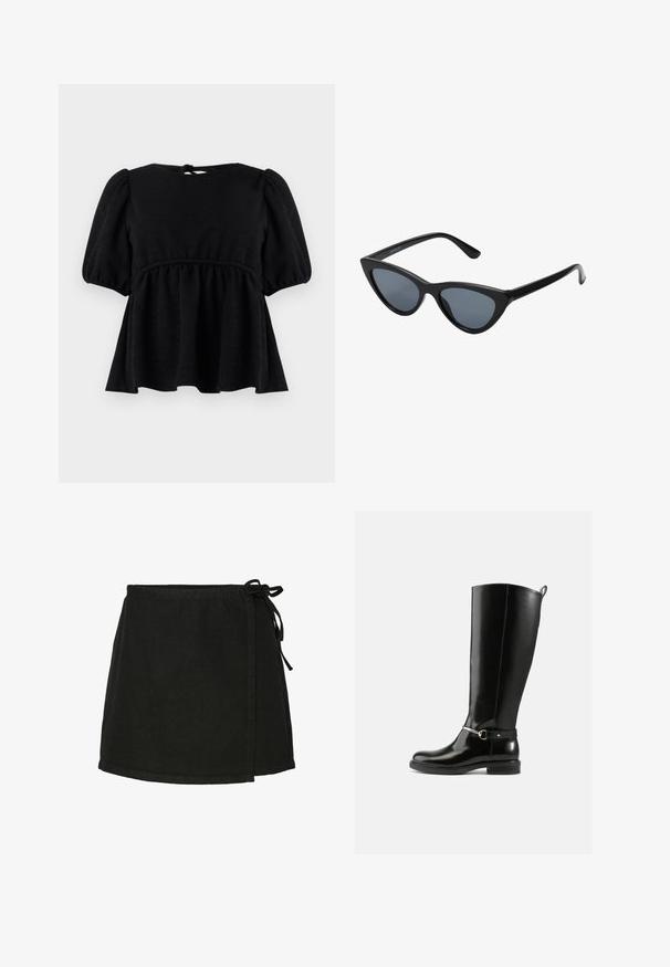 Blusa negra de manga corta con acabado texturizado, escote redondo, cintura elástica y detalle de lazo en la espalda. Silueta acampanada.; Falda envolvente negra de algodón con cierre de lazo, de corte recto y dobladillo a mitad del muslo. Presenta una textura suave y un diseño minimalista.; Botas negras hasta la rodilla hechas de cuero brillante, con un detalle de hebilla plateada en el tobillo y un diseño de punta redondeada. Suela plana.; Gafas de sol negras en forma de ojo de gato con lentes gris oscuro, marco de plástico elegante, esquinas puntiagudas y patillas rectas. Sin herrajes ni acentos visibles.