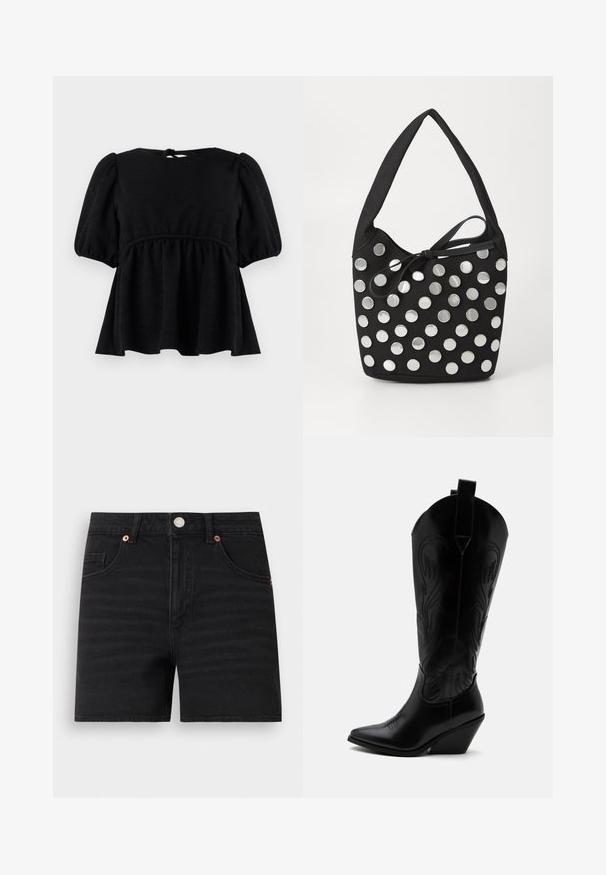 Zwarte blouse met korte mouwen en een gestructureerde afwerking, ronde halslijn, elastische taille en strikdetail op de rug. Uitlopende silhoutte.; Zwarte denimshorts met knoopsluiting aan de voorkant, riemlussen, twee voorzakken en een klein muntenzakje, plat op een witte achtergrond weergegeven.; Zwarte leren cowboylaars met puntige neus, schuine blokhak, decoratieve stiksels en aantreklusjes bovenaan tegen een witte achtergrond.; Zwarte stoffen handtas met een ronde vorm, voorzien van zilveren ronde metalen studs die in een patroon zijn gerangschikt, en een strik van stof.