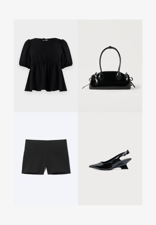 Blouse noire à manches courtes avec une finition texturée, encolure ronde, taille élastique et détail de lien dans le dos. Silhouette évasée.; Shorts de sport noirs moulants avec une large ceinture, conçus pour le confort et la flexibilité.; Chaussure slingback en cuir verni noir avec bout pointu et petit talon bloc incliné sur fond clair uni.; Petit sac à main noir brillant avec deux longues anses et des détails à cordon sur les côtés sur un fond clair uni.