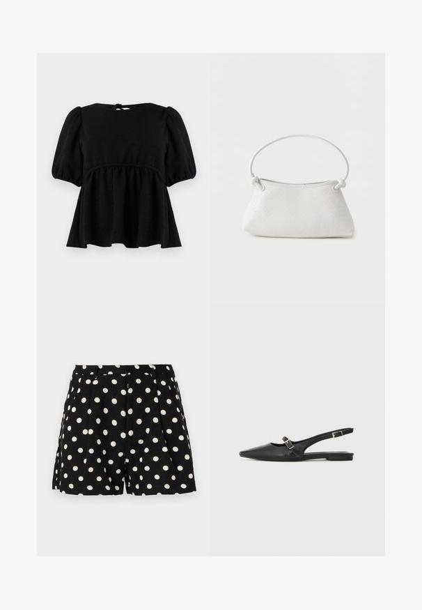 Blouse noire à manches courtes avec une finition texturée, encolure ronde, taille élastique et détail de lien dans le dos. Silhouette évasée.; Shorts noirs à pois blancs, avec des plis à l'avant et des poches latérales. Fabriqués en tissu léger.; Chaussures slingback en cuir noir avec un bout pointu, comprenant une lanière étroite et un accent de boucle argentée sur le côté. Semelle plate.; Sac à main en cuir tressé blanc avec poignée arrondie et extrémités de lanière nouées, présenté sur un fond uni.