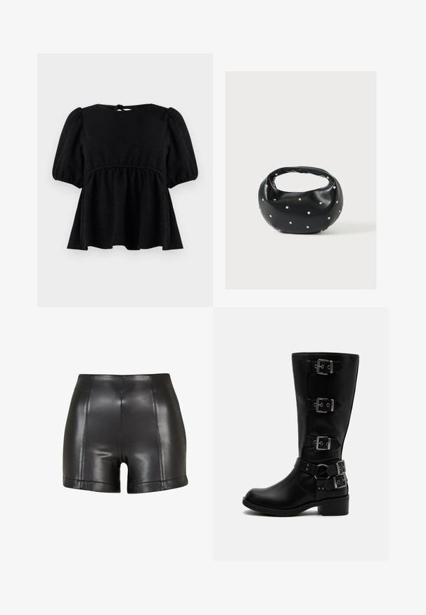 Blusa negra de manga corta con acabado texturizado, escote redondo, cintura elástica y detalle de lazo en la espalda. Silueta acampanada.; Pantalones cortos de imitación de cuero negros con una cintura alta, textura suave y costuras visibles a lo largo del frente y el dobladillo.; Bota negra de cuero hasta media pantorrilla con cuatro hebillas metálicas ajustables y un tacón bajo en bloque sobre fondo blanco.; Bolso de mano de cuero negro con forma redondeada, decorado con detalles de tachuelas plateadas y un asa corta. Textura lisa y cierre con cremallera.