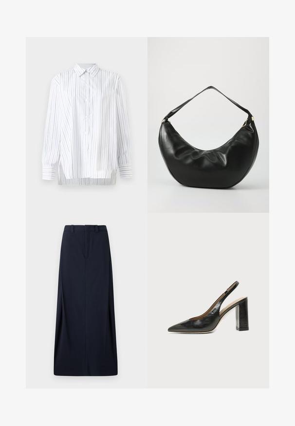 Chemise blanche à rayures verticales grises, à manches longues, avec un devant à boutons et un col classique. Comprend des fentes latérales et des manches retroussées.; Jupe longue bleu marine en tissu tissé, avec une coupe droite, des passants de ceinture et une fermeture éclair dissimulée. Lignes épurées et design minimal.; Chaussure slingback en cuir noir à bout pointu avec un talon bloc haut et une doublure intérieure beige sur un fond clair uni.; Sac à épaule en cuir noir, de forme courbée, avec une texture douce et une seule sangle; il comporte une fermeture éclair dorée et un logo discret.