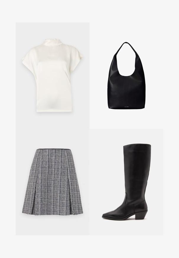 Blouse crème à col haut, à manches courtes, en tissu lisse. Présente un léger éclat et une fermeture à bouton à l'arrière de l'encolure.; Jupe en tweed marine avec un motif texturé, silhouette évasée et plis. La taille est noire, mettant en valeur le design de la jupe.; Botte en cuir noire mi-mollet avec un bout pointu et un talon bas incliné sur un fond clair uni.; Sac fourre-tout en cuir noir avec une seule large bandoulière et un logo Calvin Klein discret au centre inférieur.