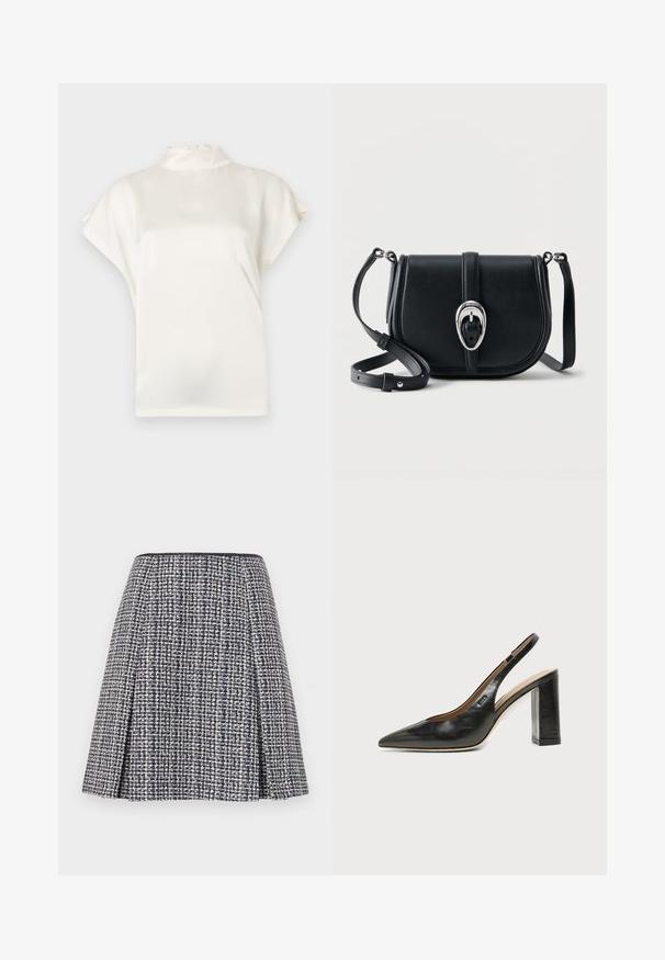 Blouse crème à col haut, à manches courtes, en tissu lisse. Présente un léger éclat et une fermeture à bouton à l'arrière de l'encolure.; Jupe en tweed marine avec un motif texturé, silhouette évasée et plis. La taille est noire, mettant en valeur le design de la jupe.; Chaussure slingback en cuir noir à bout pointu avec un talon bloc haut et une doublure intérieure beige sur un fond clair uni.; Sac bandoulière en cuir noir à finition texturée, avec boucle ovale argentée et sangle réglable sur fond blanc.