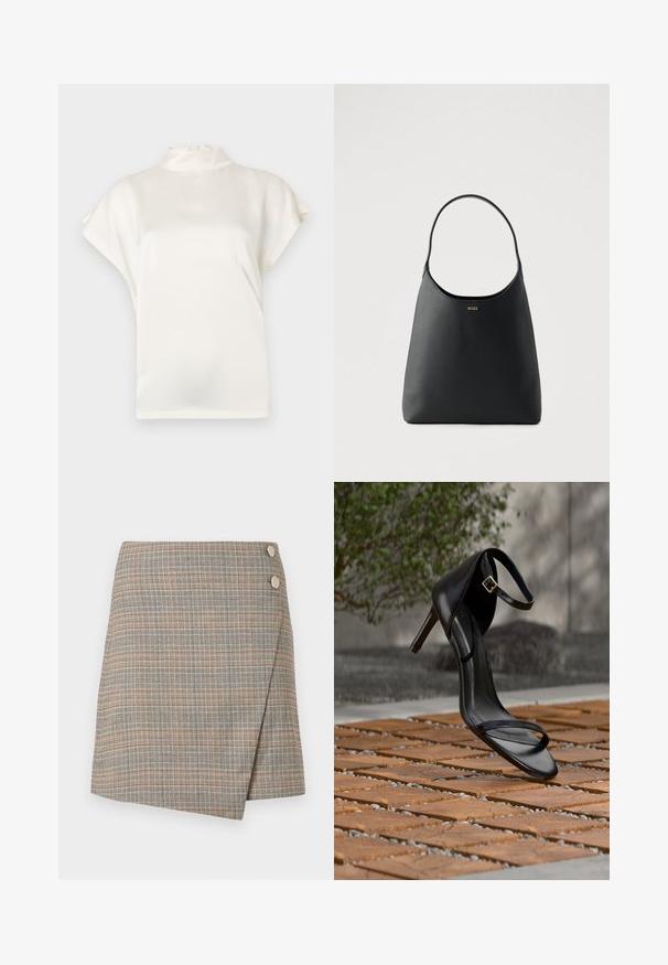 Cremefarvet bluse med høj hals og korte ærmer, lavet af glat stof. Har en subtil glans og en knaplukning i nakken bagpå.; Grå plaid omslagskørt med orange, brune og creme farver. Har to store knapdetaljer på taljen og en flot finish.; Sort højhælet sandal med ankelsnor, der ser ud til at svæve over et trægulv udendørs med sløret grønt og sten i baggrunden.; Sort læderhåndtaske med enkelt buet håndtag, glat tekstur og et diskret logo foran. Minimalistisk design og rummeligt indre.
