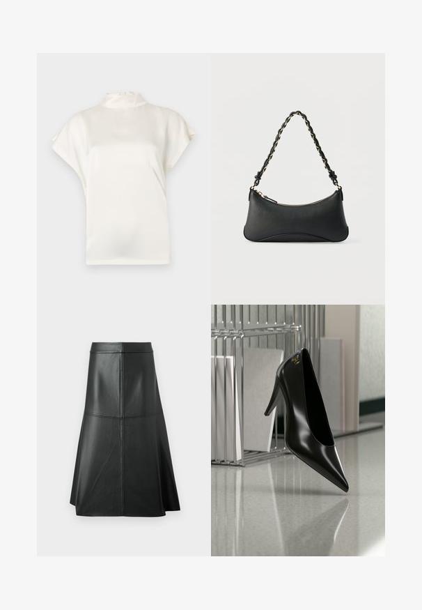 Blusa crema de cuello alto con mangas cortas, hecha de una tela suave. Presenta un ligero brillo y un cierre de botones en la parte posterior del cuello.; Falda de cuero negro en forma de A, con textura suave, longitud a mitad de la pantorrilla, presenta detalles de costura horizontal en la cintura y las costuras para mayor estructura.; Zapato de tacón alto negro con punta afilada y logo dorado, colocado sobre una superficie reflectante cerca de un organizador de archivos de alambre cromado con documentos.; Bolso de hombro de cuero negro con forma rectangular curvada, cadena dorada entrelazada en una correa negra trenzada y cierre superior con cremallera.