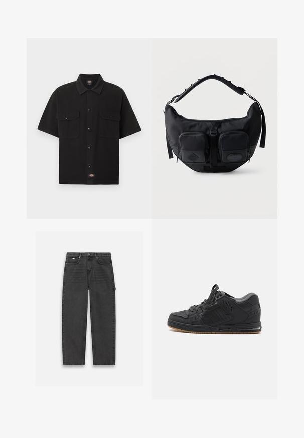 Chemise noire à manches courtes avec deux poches à rabat à l'avant et une petite étiquette de marque au centre du bas.; Pantalons en denim gris foncé avec une coupe droite, style cinq poches et fermeture à boutons et zip visible. Présente un agencement minimal.; Chaussure de sport noire avec une tige synthétique lisse, un col rembourré, des accents texturés et une semelle en caoutchouc dotée d'un amorti à air.; Sac d'épaule noir en forme de croissant avec bandoulière rembourrée réglable et deux poches avant zippées avec tirettes.