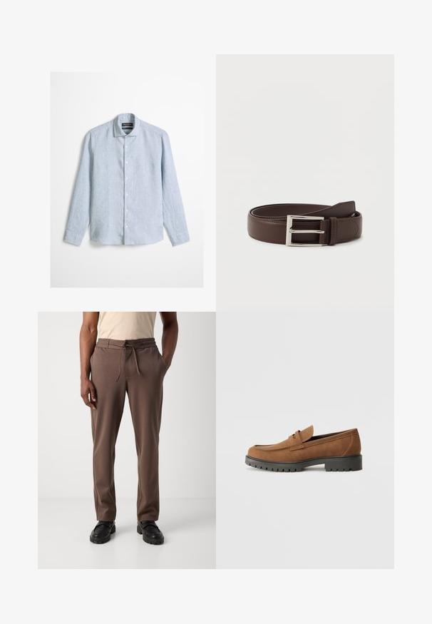 Camisa de manga larga azul claro con botones al frente y cuello clásico, confeccionada en tela texturizada, exhibida sobre un fondo liso.; Hombre con pantalones marrones con cordón y zapatos negros de pie sobre un fondo blanco liso.; Mocasines de ante marrón con punta redondeada y una suela de goma negra baja, que presentan una correa decorativa y detalles de costura en la parte superior.; Cinturón de cuero marrón oscuro con hebilla rectangular de plata, enrollado ordenadamente sobre un fondo blanco liso.