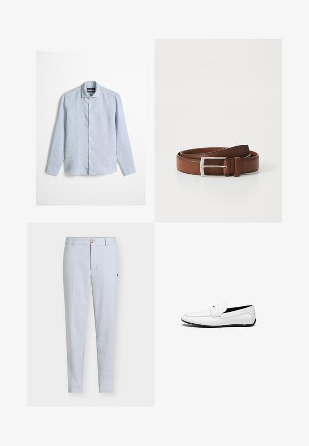 Camisa de manga larga azul claro con botones al frente y cuello clásico, confeccionada en tela texturizada, exhibida sobre un fondo liso.; Pantalones azul claro de tela texturizada, con pierna recta, cierre de botón y un pequeño diseño bordado en el lateral.; Mocasines de cuero blanco con un acabado suave, que presentan un acento cosido, una punta redondeada y una suela de goma negra para mayor agarre.; Cinturón de cuero marrón con un acabado liso, que presenta una hebilla de metal plateado y costuras sutiles a lo largo de los bordes. Diseño clásico y duradero.