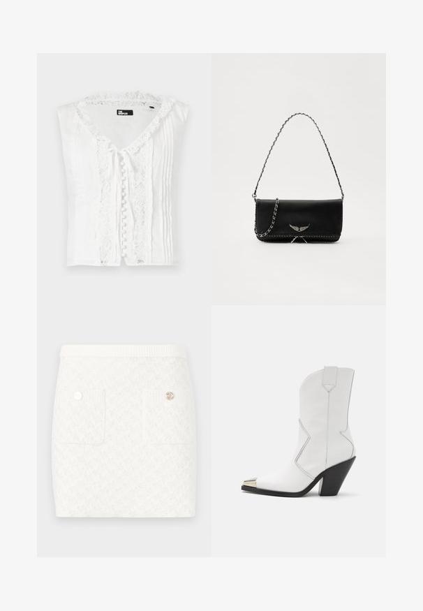 Hvid ærmeløs bluse med blonderkant, stofbetrukne knapper foran og lægdetaljer i siderne, fra mærket The Kooples.; Kort hvid nederdel med et tekstureret mønster, der har to forlommer og dekorative knapper i gyldent metal. Elastisk talje for komfort.; David Koma ANKLE LENGTH METAL NOSE - Højhælede støvletter - white; Sort læderhåndtaske med en sølv kædestrop, der har dekorative vingedetaljer og hvid syning langs bunden.
